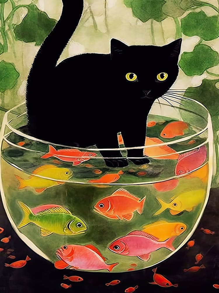 A Black Cat And Goldfish In A Bowl Illustration Matisse Style 3