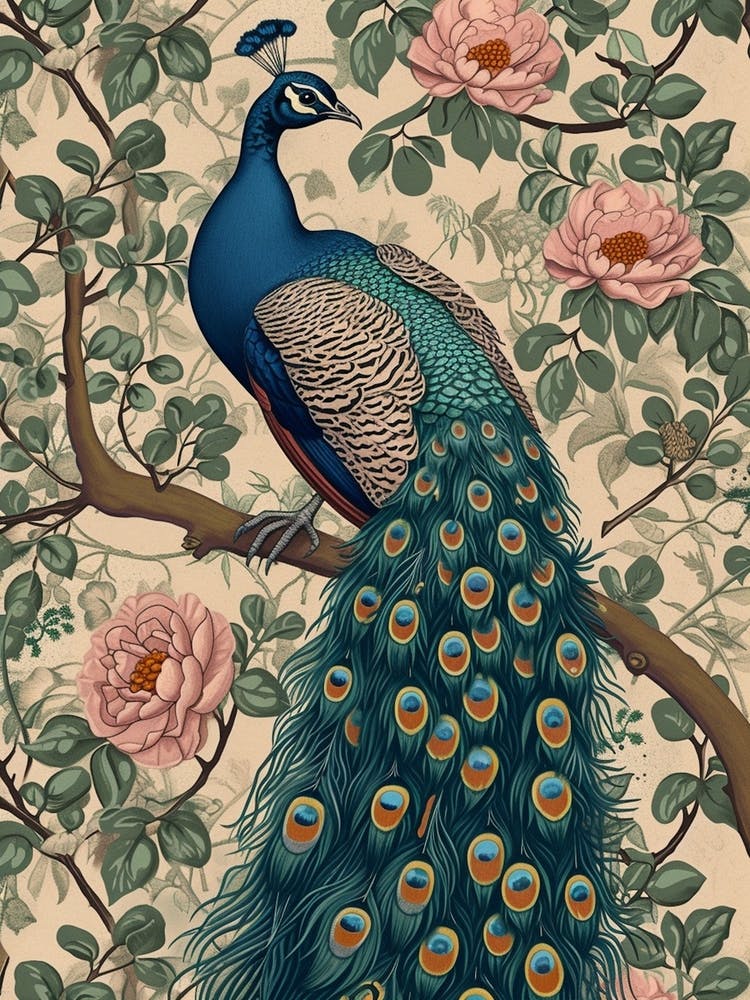 Cream Pastel Vintage Peacock Wallpaper 1