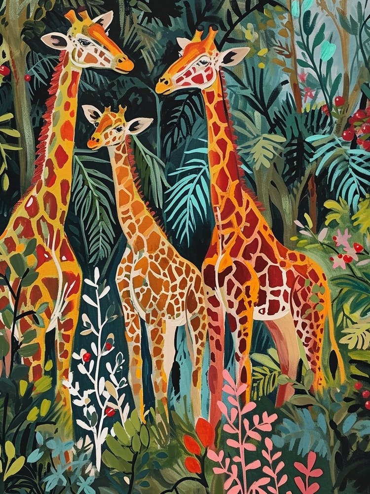 Giraffes In The Leaves Watercolour Style 1