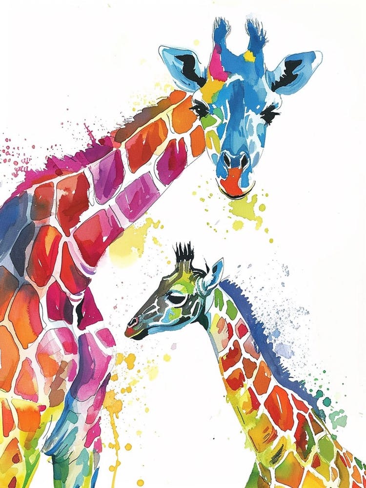 Girafe Mère et Petit Aquarelle 1