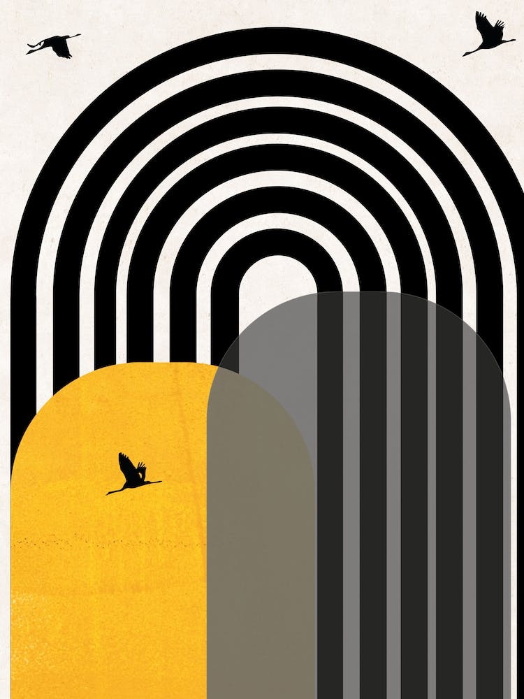 Giant Rainbow With Birds Mustard Abstract