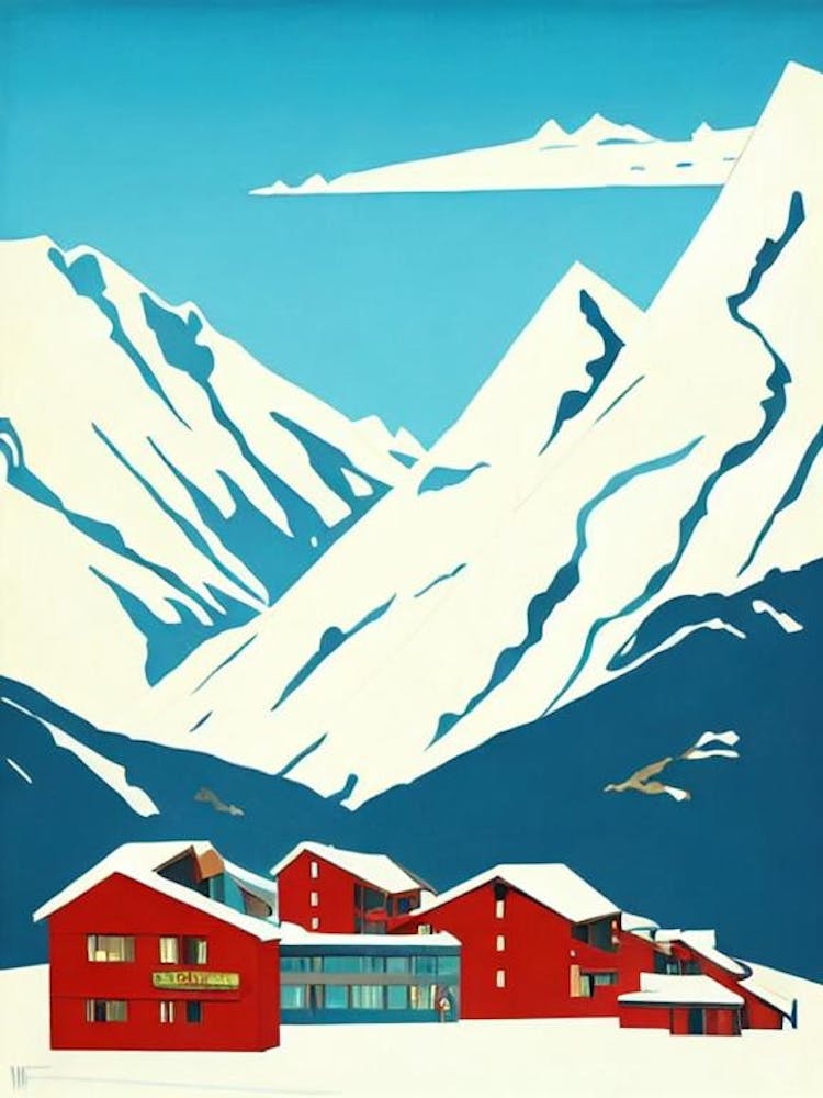 Val Thorens 2, France Midcentury Vintage Skiing Poster