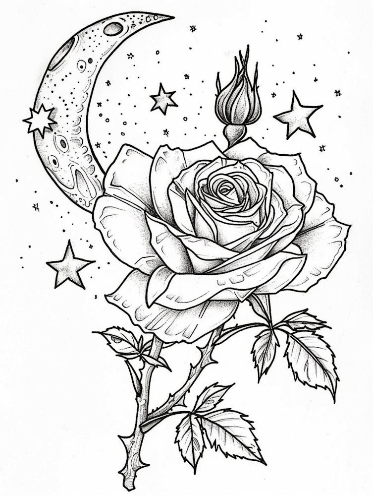 Rose With A Moon Line Drawing 3