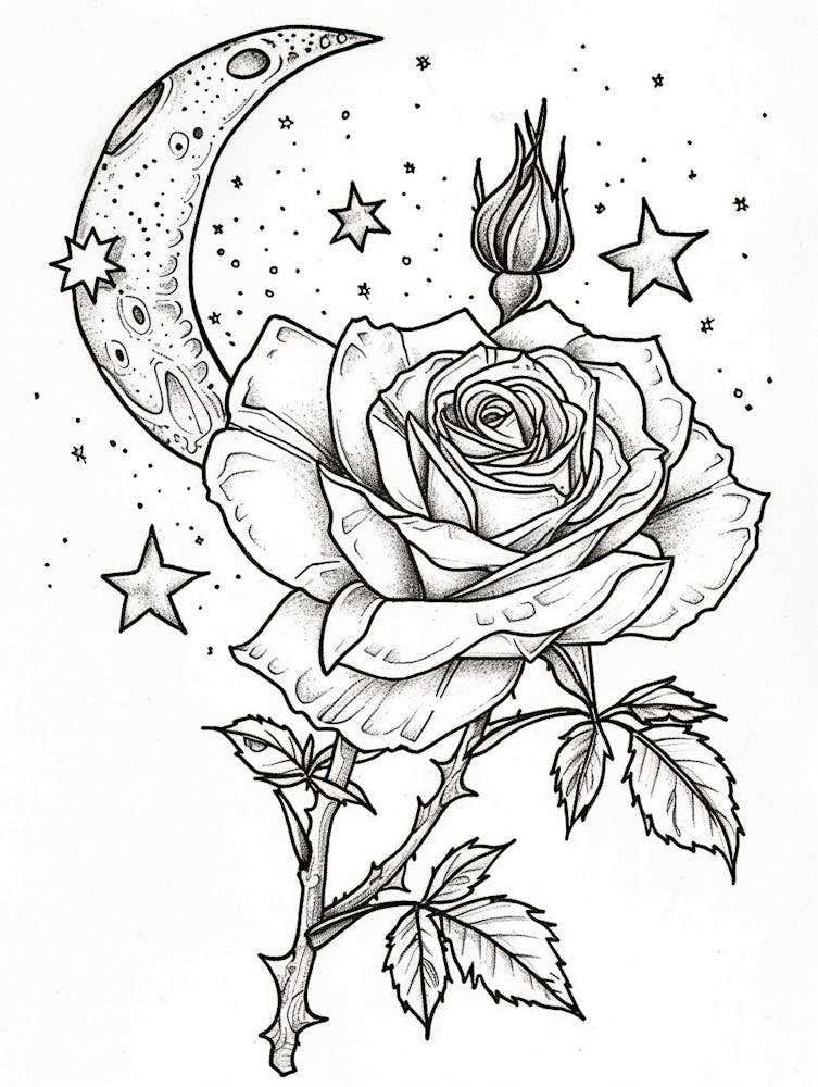 Rose With A Moon Line Drawing 3