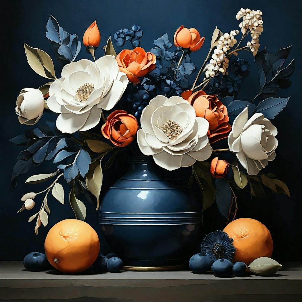 Floral Contemporary Still Life Dark Blue 3
