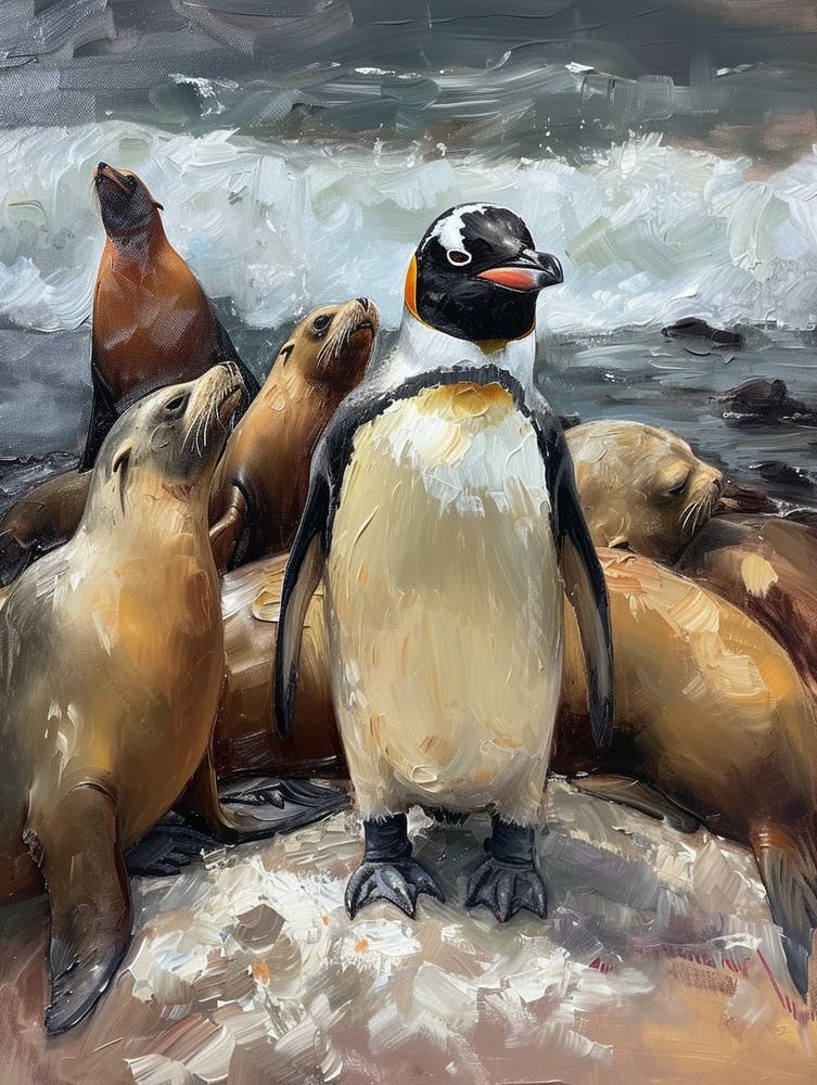 Adlie Penguin Sea Lion Island Oil Painting 2