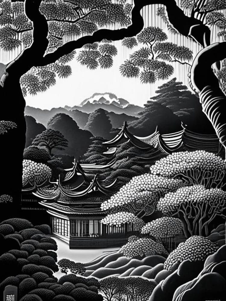 Tofuku Ji, Japan Linocut Black And White Vintage