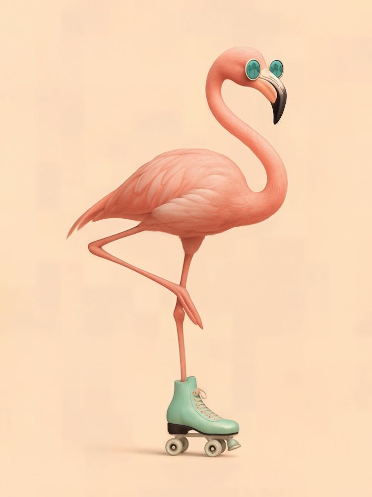 Flamingo on Skates – Funky Tropical Bird with Sunglasses: A stylish flamingo rolls by on skates wearing sunglasses in pastel pink coolness. A fun and funky animal fashion piece – perfect for beach lovers, kids rooms, and lovers of bold, tropical humor.