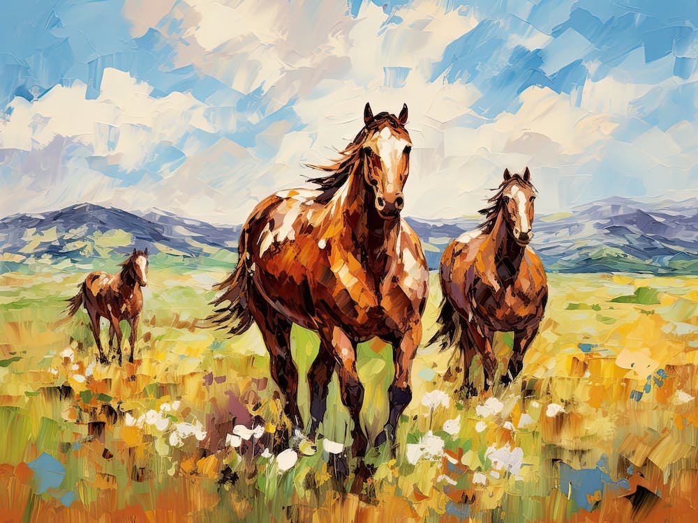 Horses Painting In Montana, Usa, Landscape 2