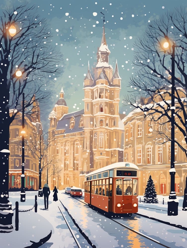 Winter Travel Night Illustration Vienna Austria 2
