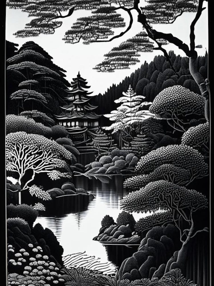 Kenrokuen, 1, Japan Linocut Black And White Vintage