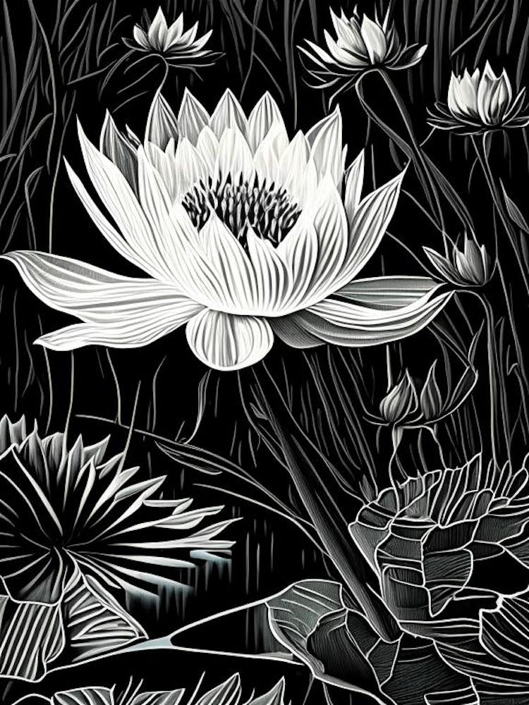 Water Lily Wildflower Linocut 1