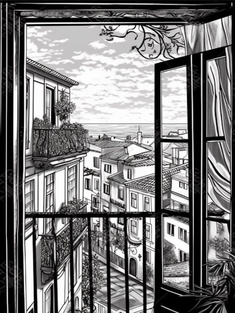 Window View Of Lisbon Portugal   Black And White Colouring Pages Line Art 2