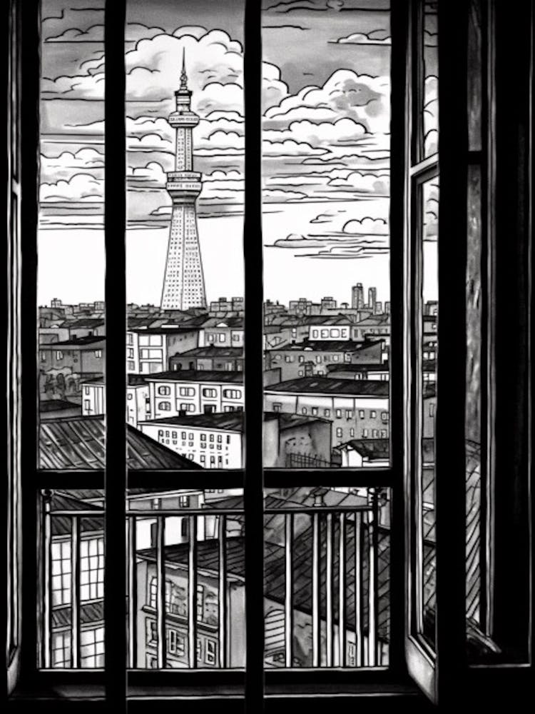 A Window View Of Berlin In The Style Of Black And White  Line Art 1