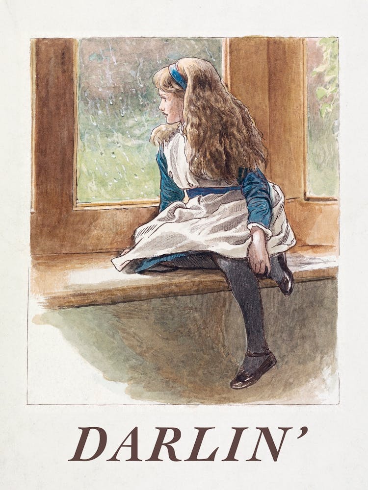 Darlin'. Vintage Nursery Illustration with Little Girl and Typography, Kids Room