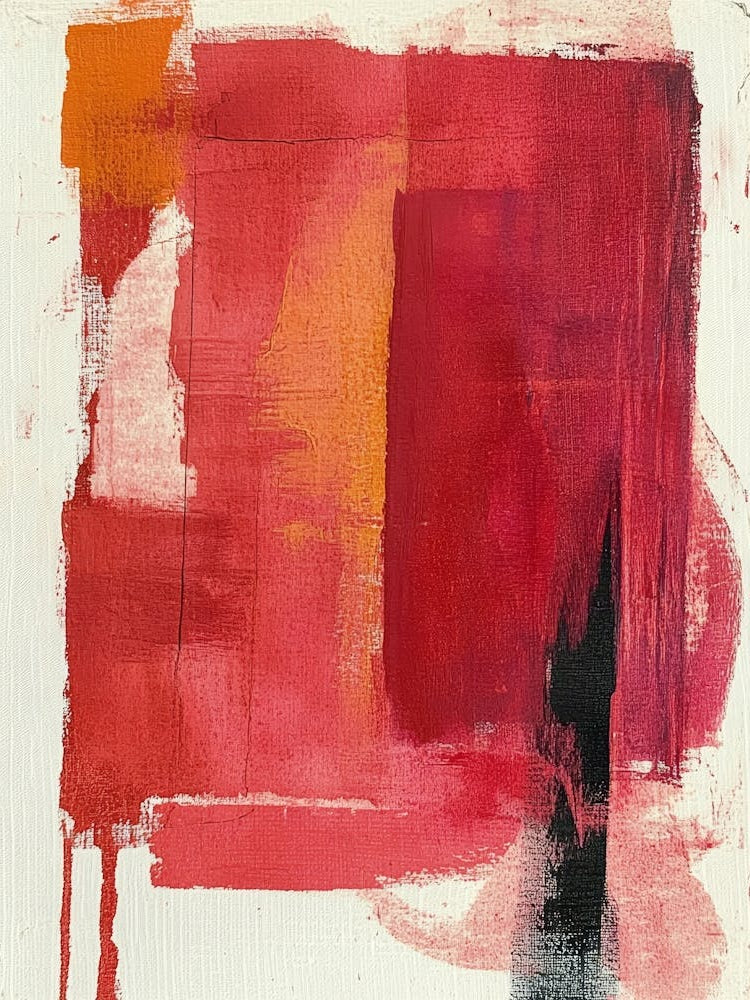 Abstract Red Painting On Organic Paper Substrate With Textures And Color Tones