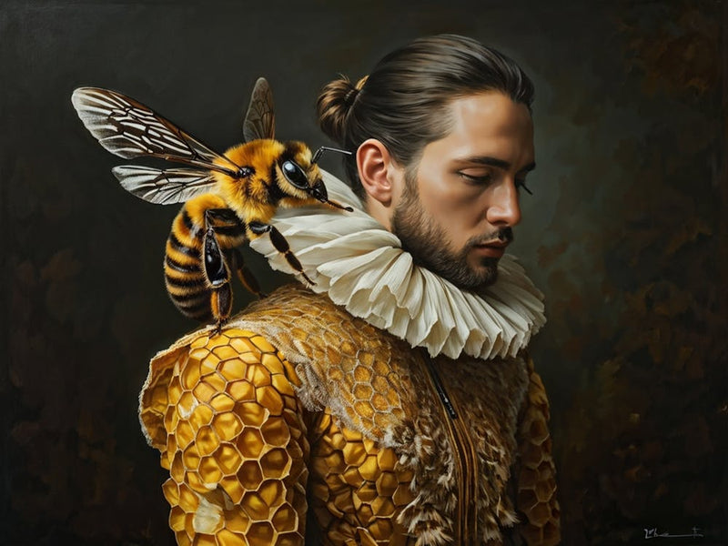 Surrealistic Realism Painting Capturing A Unique Hybrid Between A Bee And A Human Assumed A Regal P
