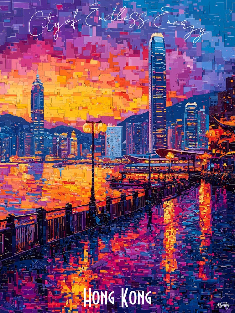 Hong Kong Skyline, abstract cubism vibrant Poster
