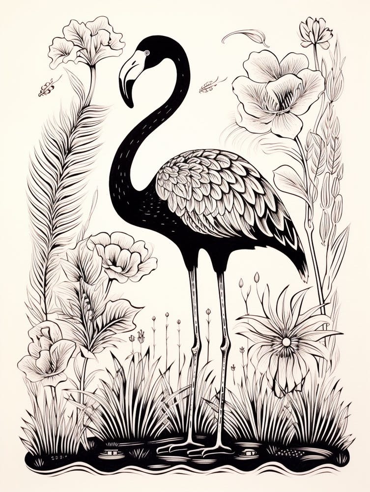 B&W Bird Linocut Flamingo 1