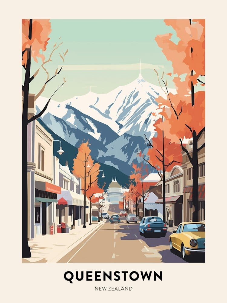 Vintage Winter Travel Poster Queenstown New Zealand 1