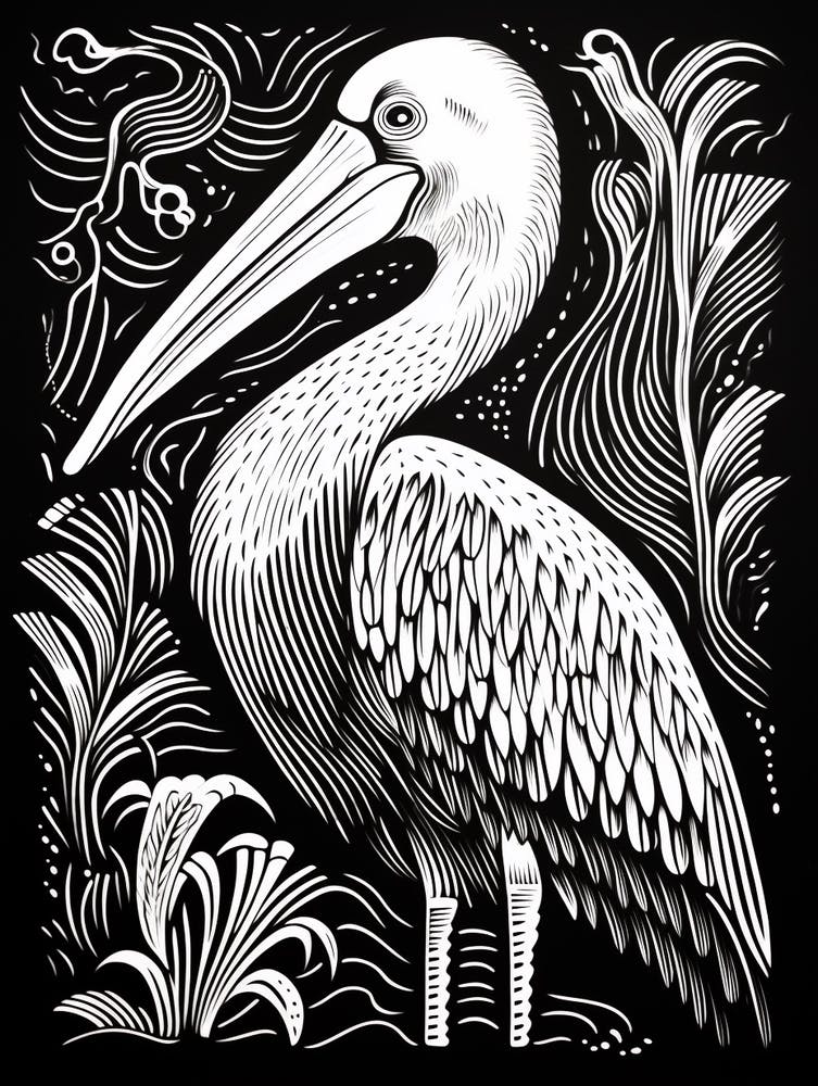 B&W Bird Linocut Pelican 1