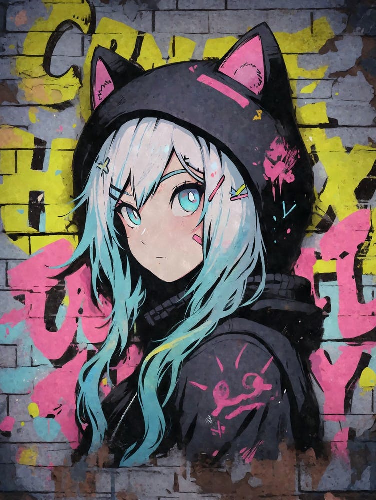 Kawaii Aesthetic Nekomimi Anime Cat Girl Urban Graffiti Style