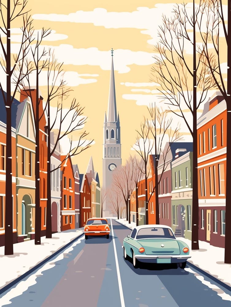 Vintage Winter Travel Illustration Nottingham United Kingdom 2