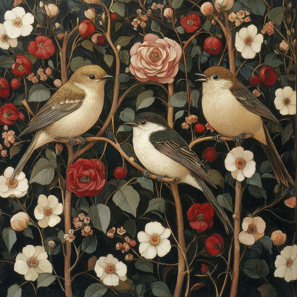 Three Birds In A Rose Garden Art