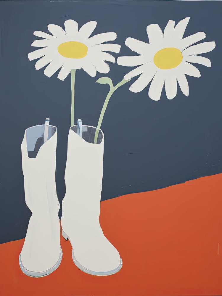 A Painting Of Cowboy Boots With Daisies Flowers, Pop Art Style 7
