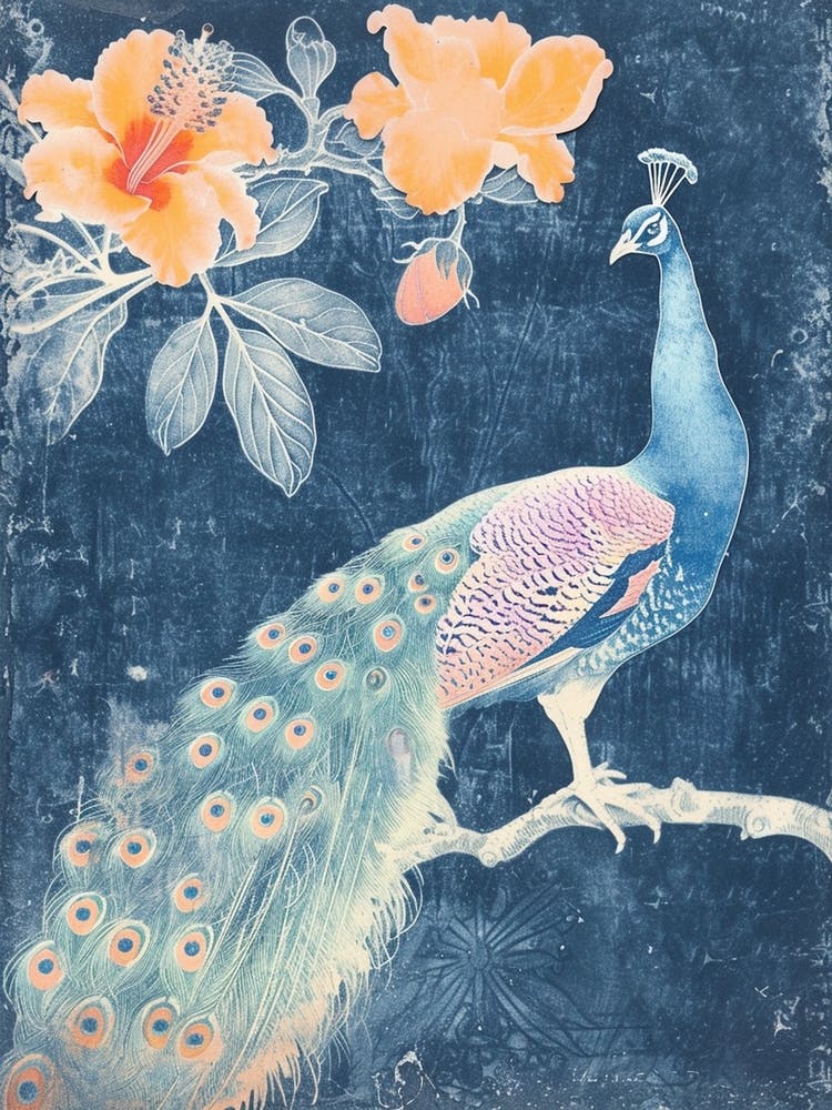 Vintage Floral Peacock Cyanotype Inspired 1