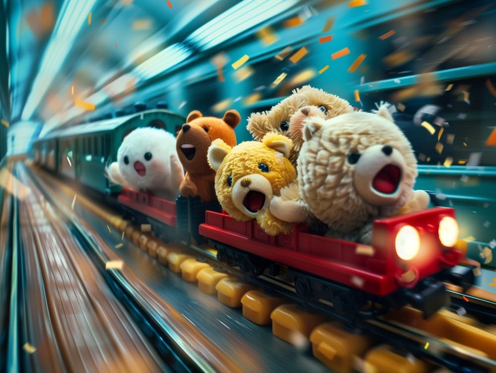 Cute Plushie Animals On A Toy Train, Screaming In Terror, The Train Is Out Of Control And Moving At High Speed, Action Shot