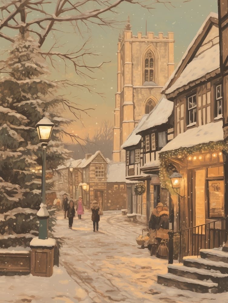 Illustration Hivernale Vintage Canterbury Royaume-Uni 1
