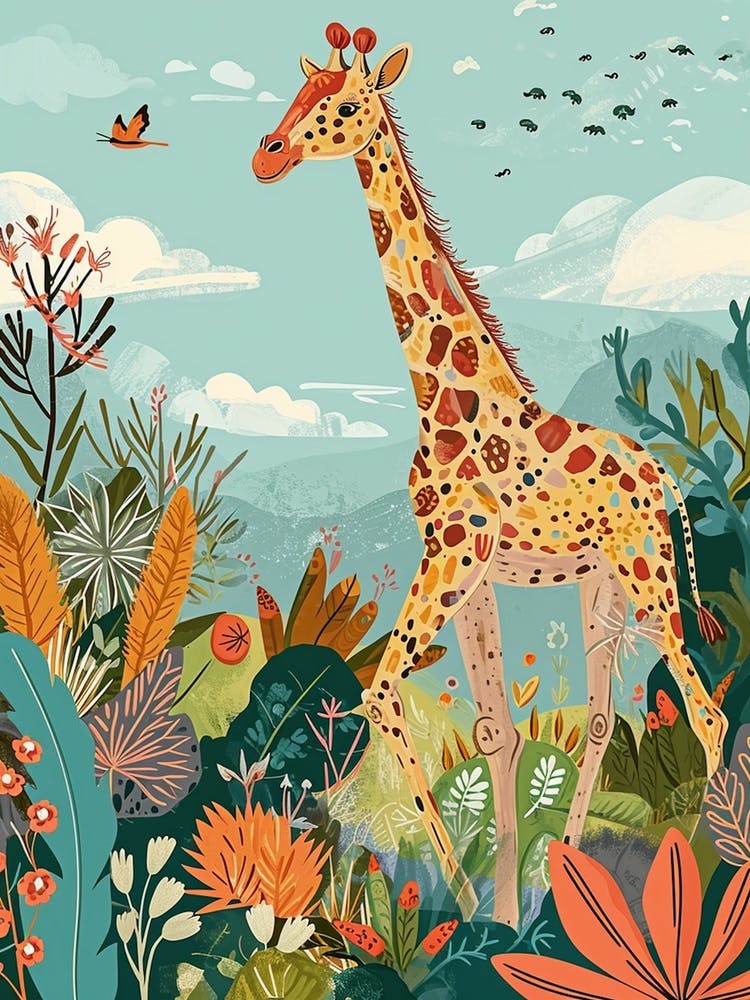 Giraffe In The Wild Colourful Illustration 2