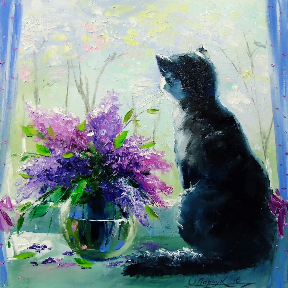 Bouquet de lilas et chat