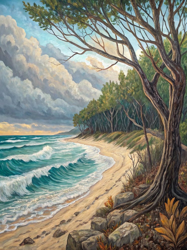 Coastal Sunset with Forest Paint Ocean Scene A Surrealist Oil Painting In The Style Of Van Gogh