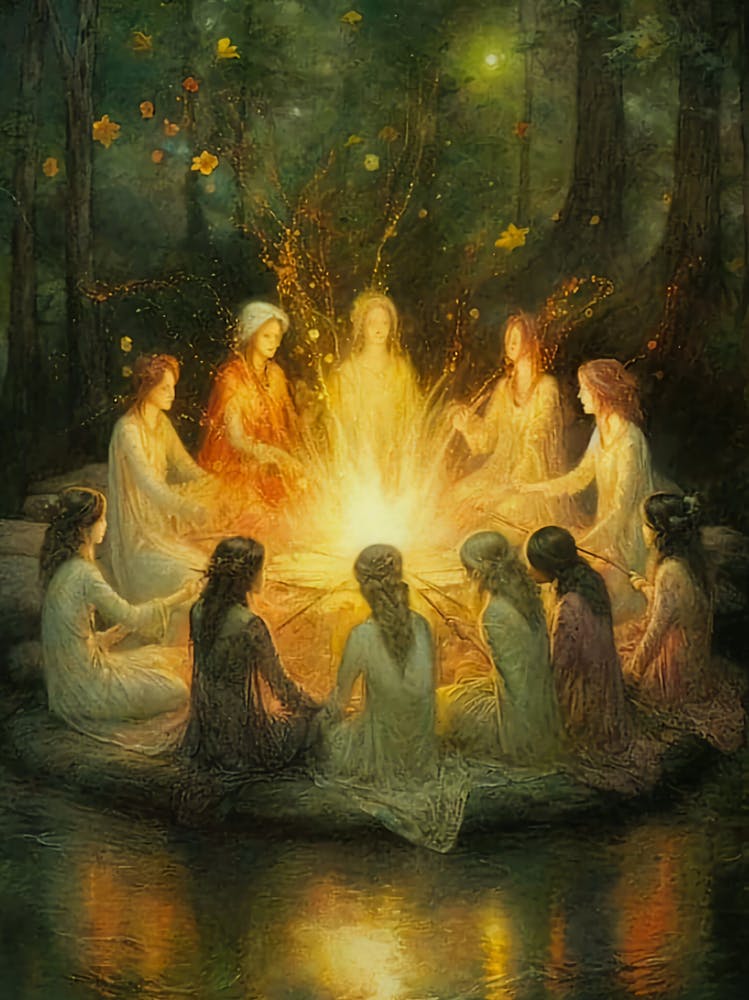 Womens Circle - Witchy Goddess Gathering Around a Fire in the Forest, When Women Meet Wands, Potions, Magic Sharing Healing