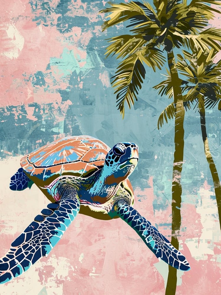 Pastel Sea Turtle & Palm Trees 1