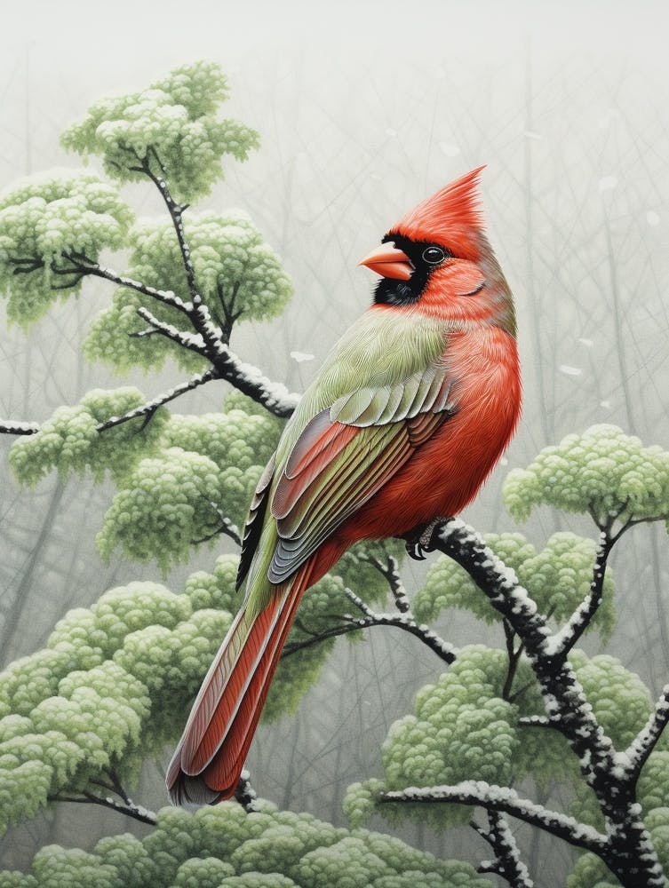 Ohara Koson Inspired Bird Painting Northern Cardinal 2