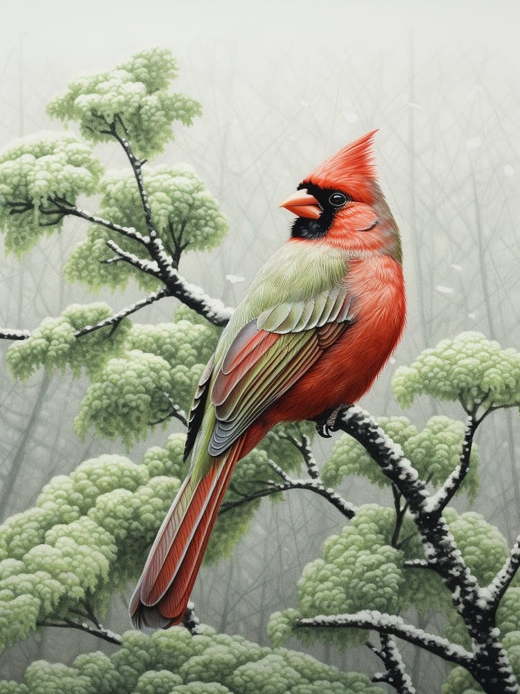 Ohara Koson Inspired Bird Painting Northern Cardinal 2