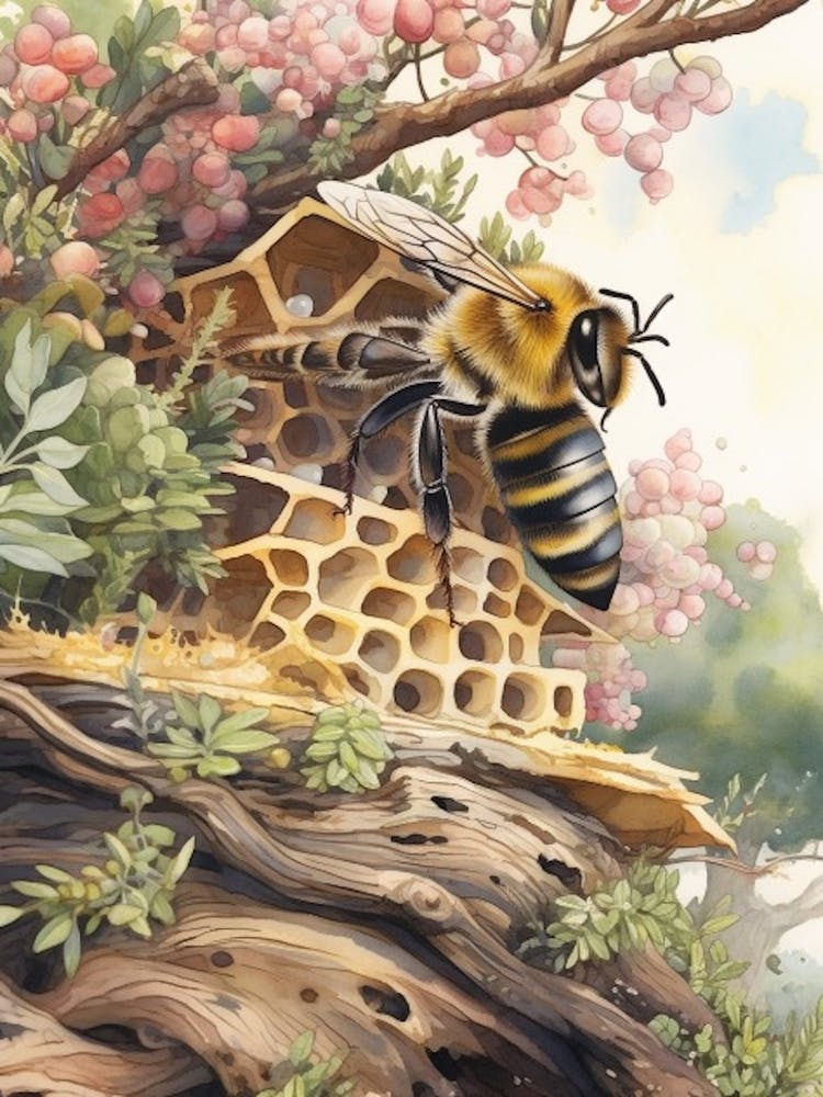 Frühlingsbienenstock Aquarell-Illustration 1