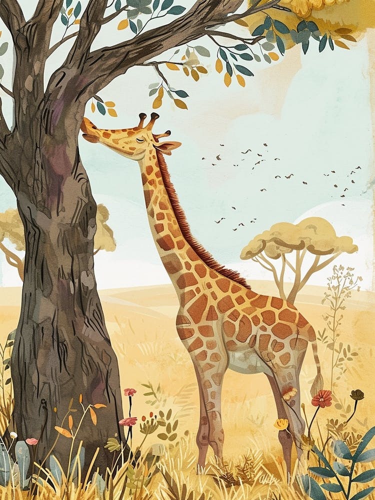 Giraffe Scratching Against A Tree 2