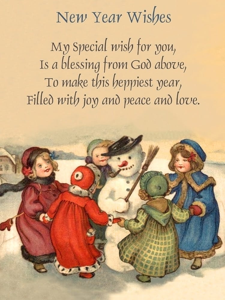 Kids With Snowman And New Year Wishes