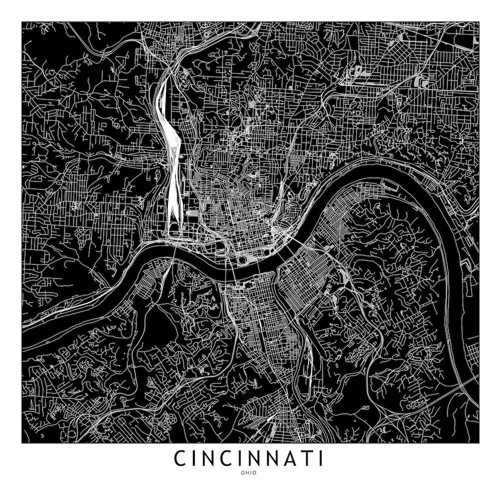 Cincinnati Black And White Map Square