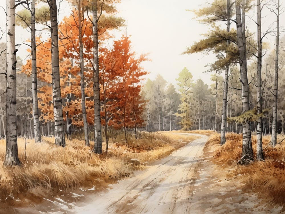 A Painting Of Country Road Through Woods In Autumn 59