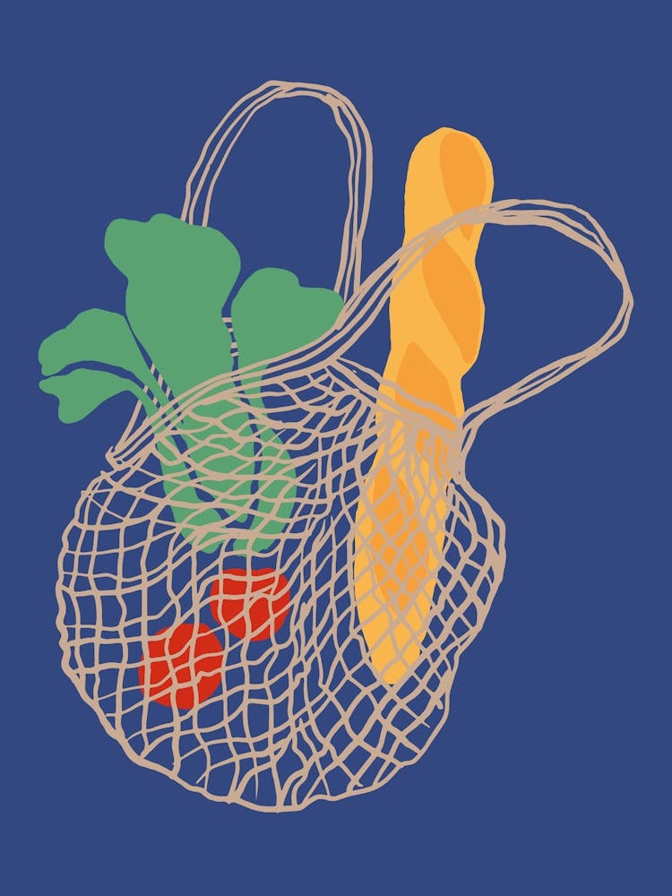 Food Illustration Grocery Bag Bread Veggies Preppy Contemporary Kitchen