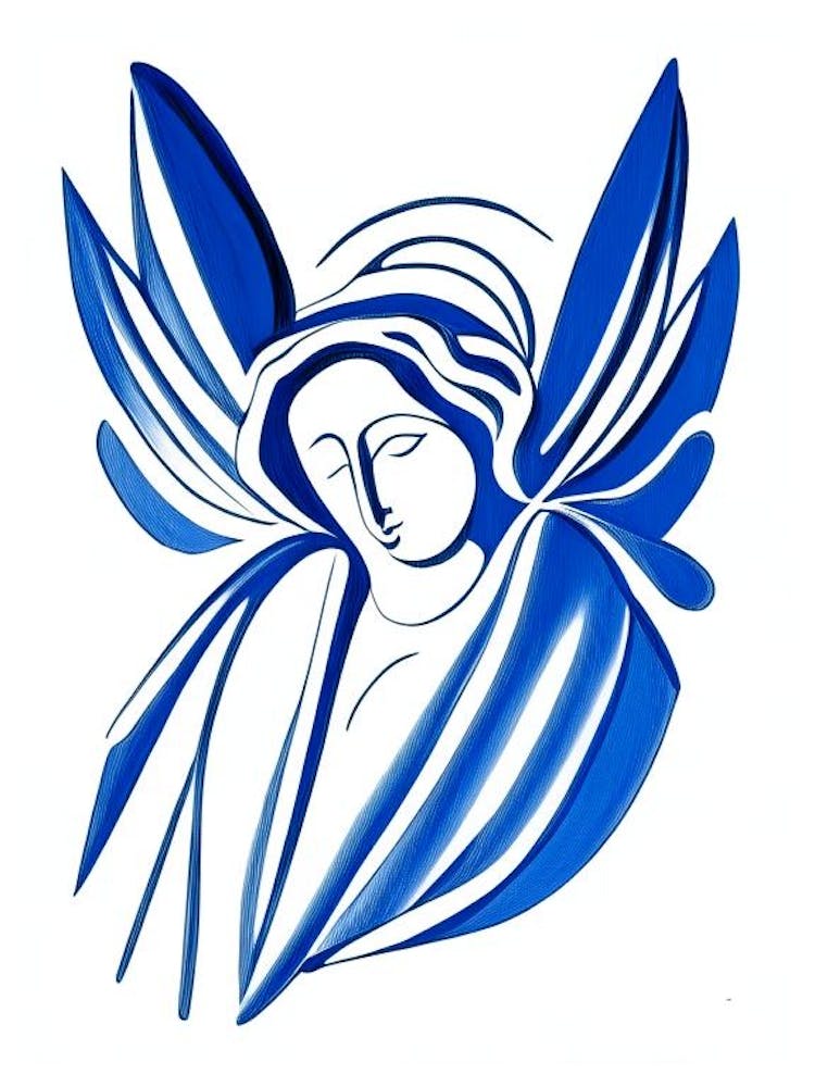Angel Symbol Blue And White Line Drawing