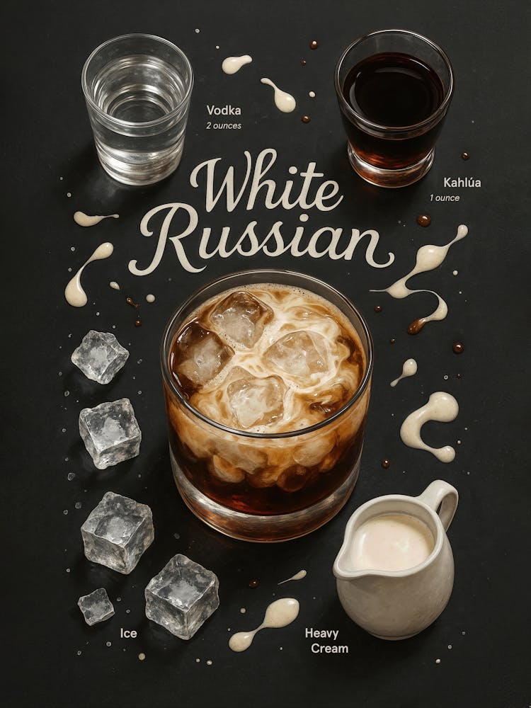 White Russian Poster – Creamy Retro Vodka Dessert Cocktail: A dessert-style classic with vodka, milk, and Kahlúa – the White Russian is rich, creamy, and iconic. With retro flair and cozy bar vibes, this poster is perfect for fans of sweet cocktails, The