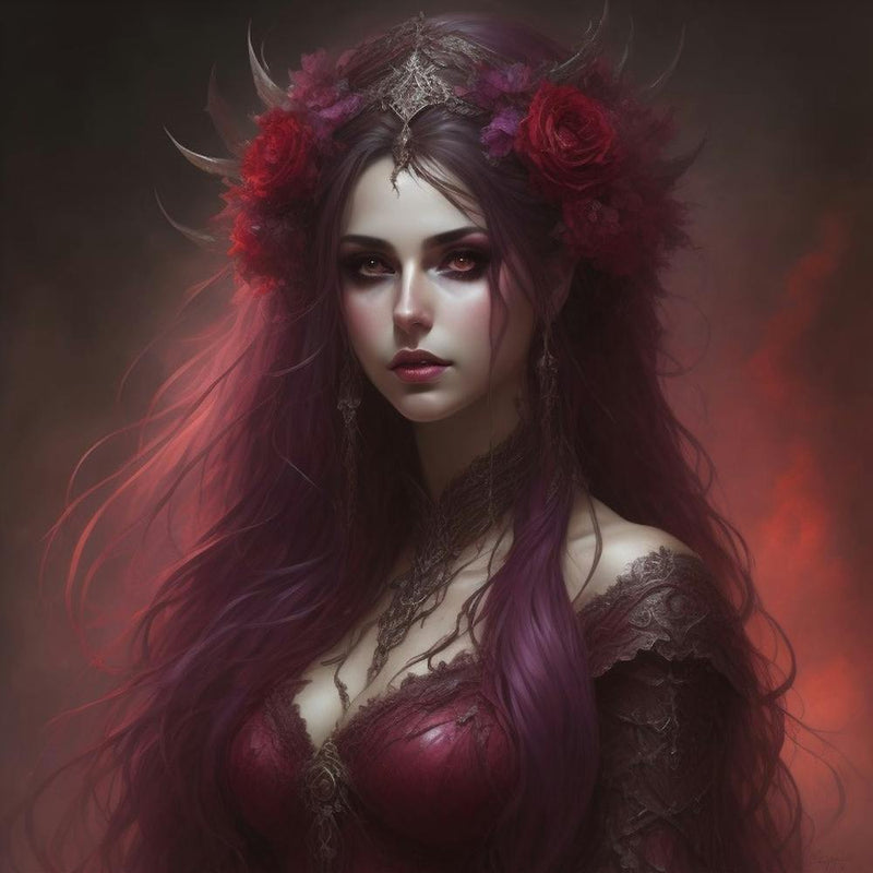 Dark art gothic beautiful enchantress, red purple, beautiful, Royo. Generated with AI, Art Style_Imagine V4, Negative Promt_no unpopular themes or styles, CFG Scale_4.0, Step Scale_50.