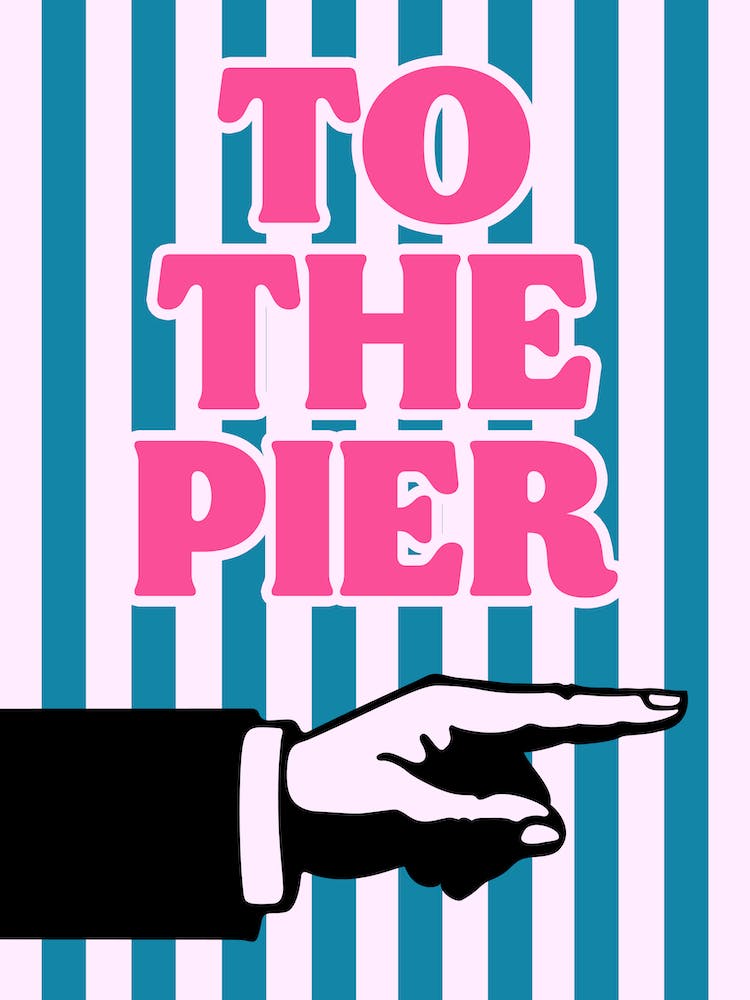 To The Pier Pink Blue Right Retro Seaside Coastal Print