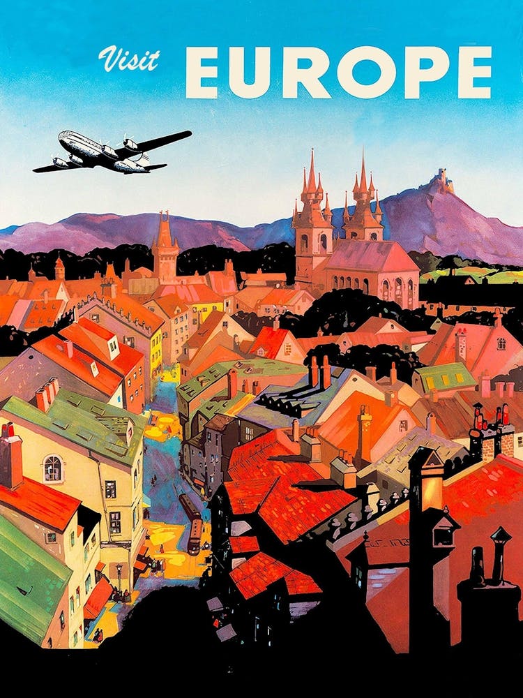 Airplane Over The City In Europe, Travel Poster